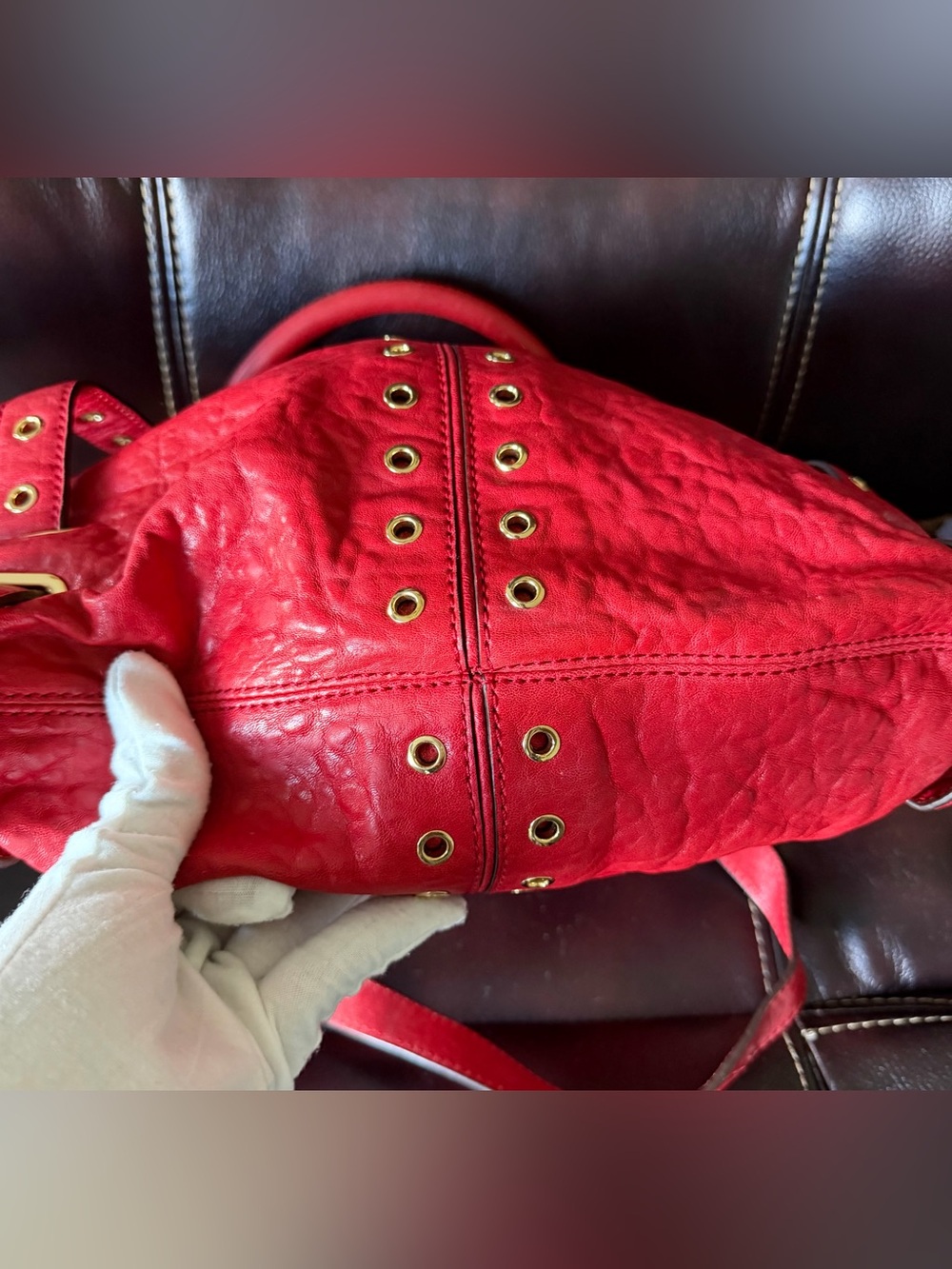 Michael Kors Red Leather Studded Tote with Gold Hardware - Picture 6 of 17